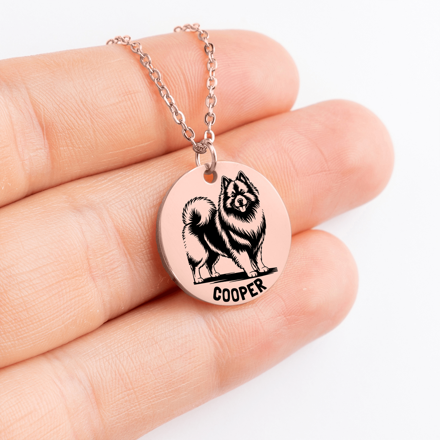 Personalized engraved Keeshond rose gold necklace in a jewelry box with a sweet message card......