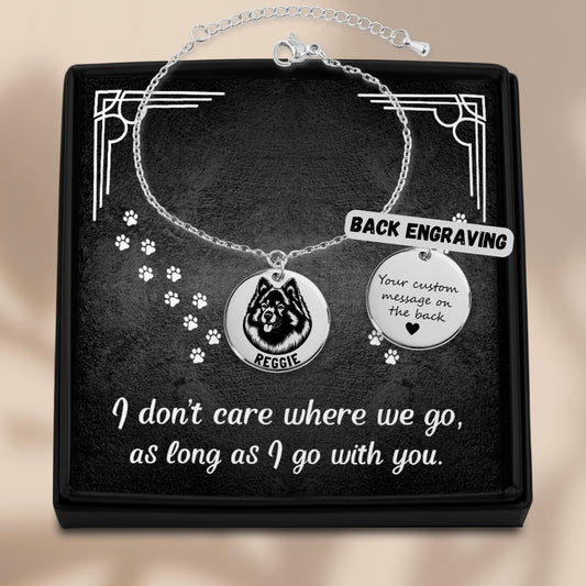 Personalized engraved Keeshond silver bracelet in a jewelry box with a sweet message card