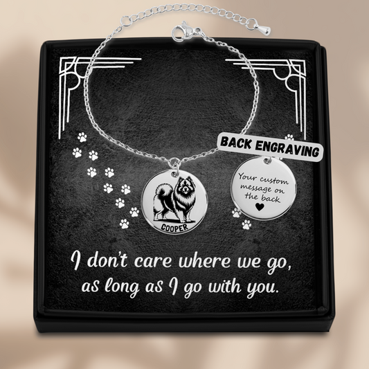 Personalized engraved Keeshond silver bracelet in a jewelry box with a sweet message card 1