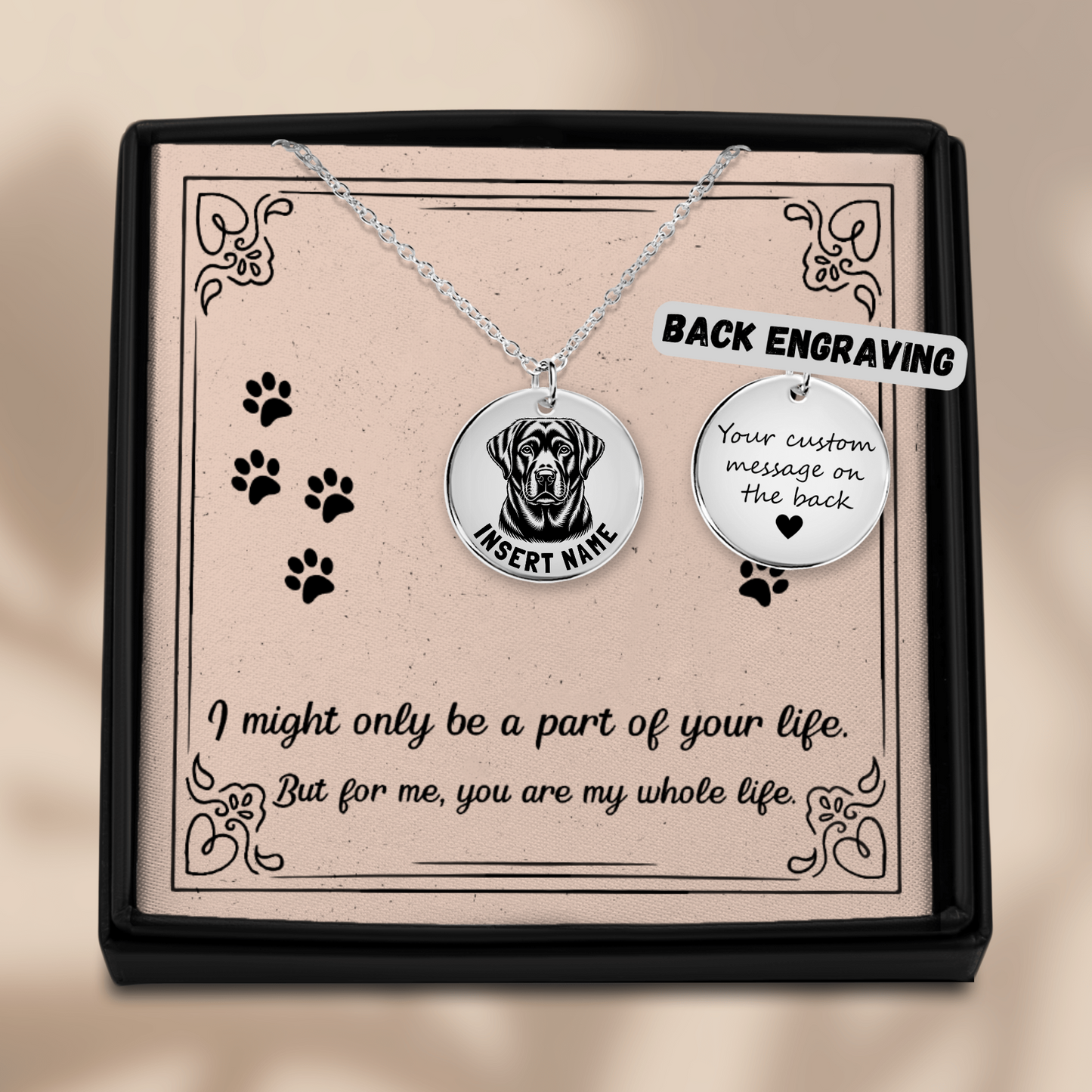 Personalized engraved Labrador Retriever Dog silver necklace in a jewelry box with a loving message card