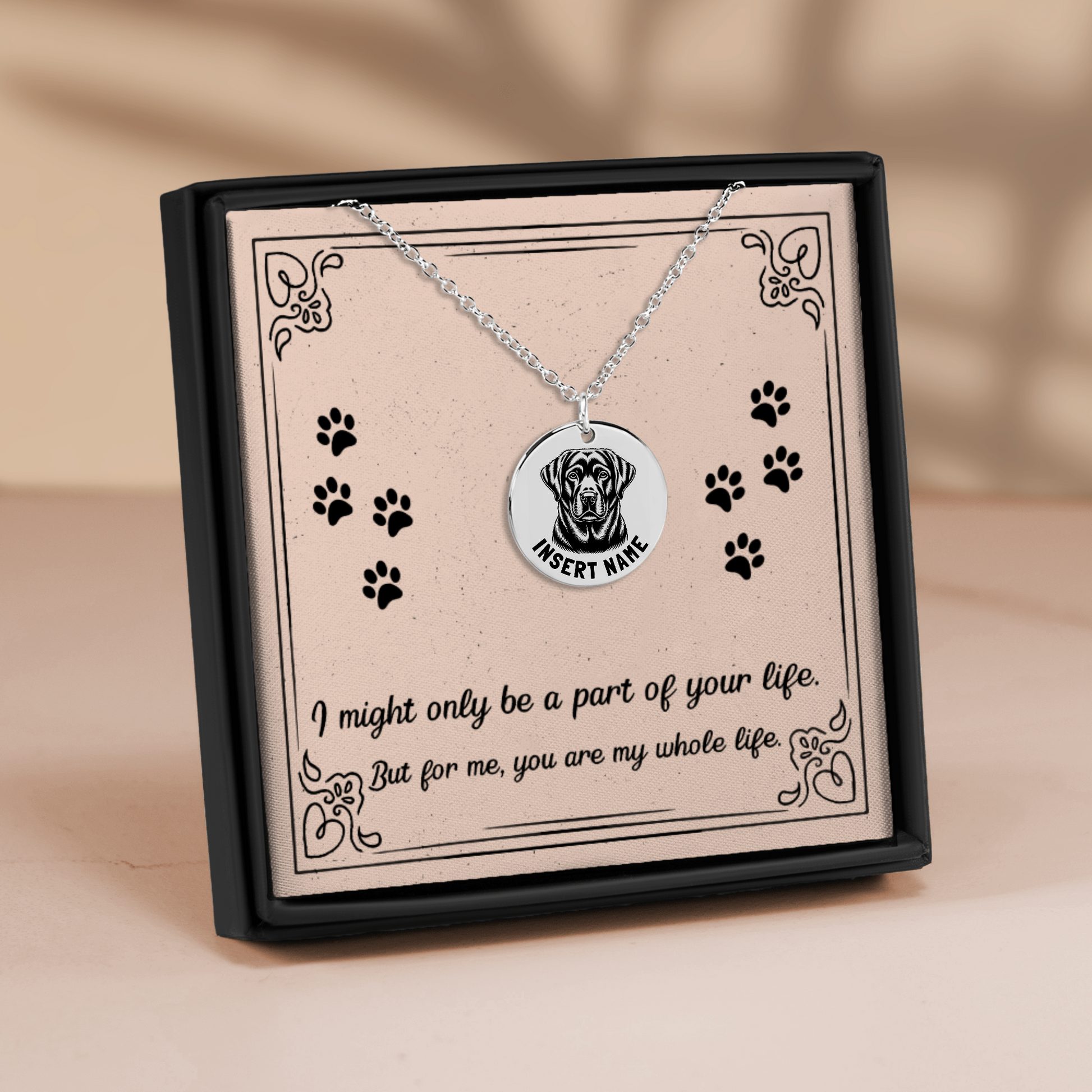 Personalized engraved Labrador Retriever Dog silver necklace in jewelry box with loving message card..
