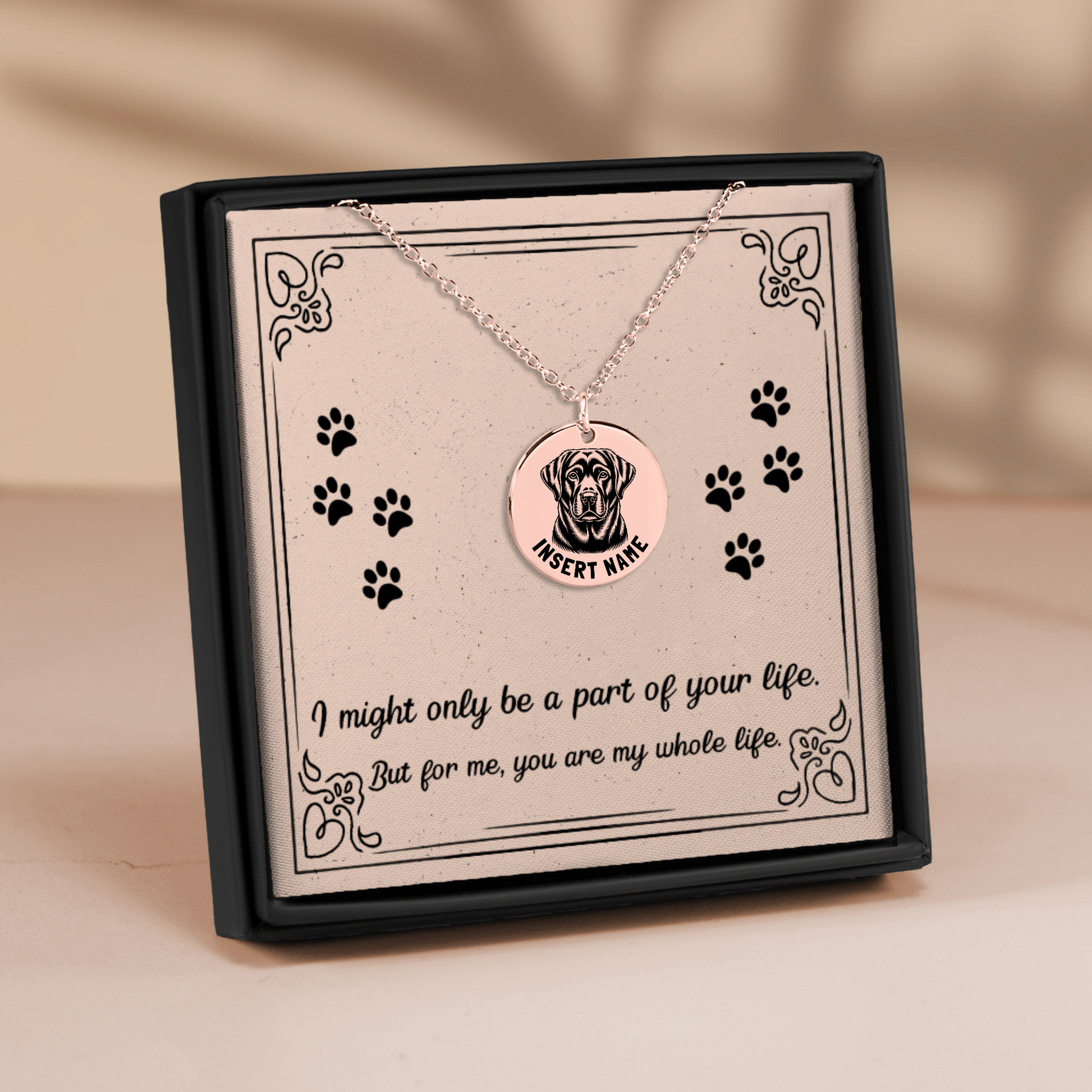 Personalized engraved Labrador Retriever rose gold necklace in a jewelry box with a loving message card.