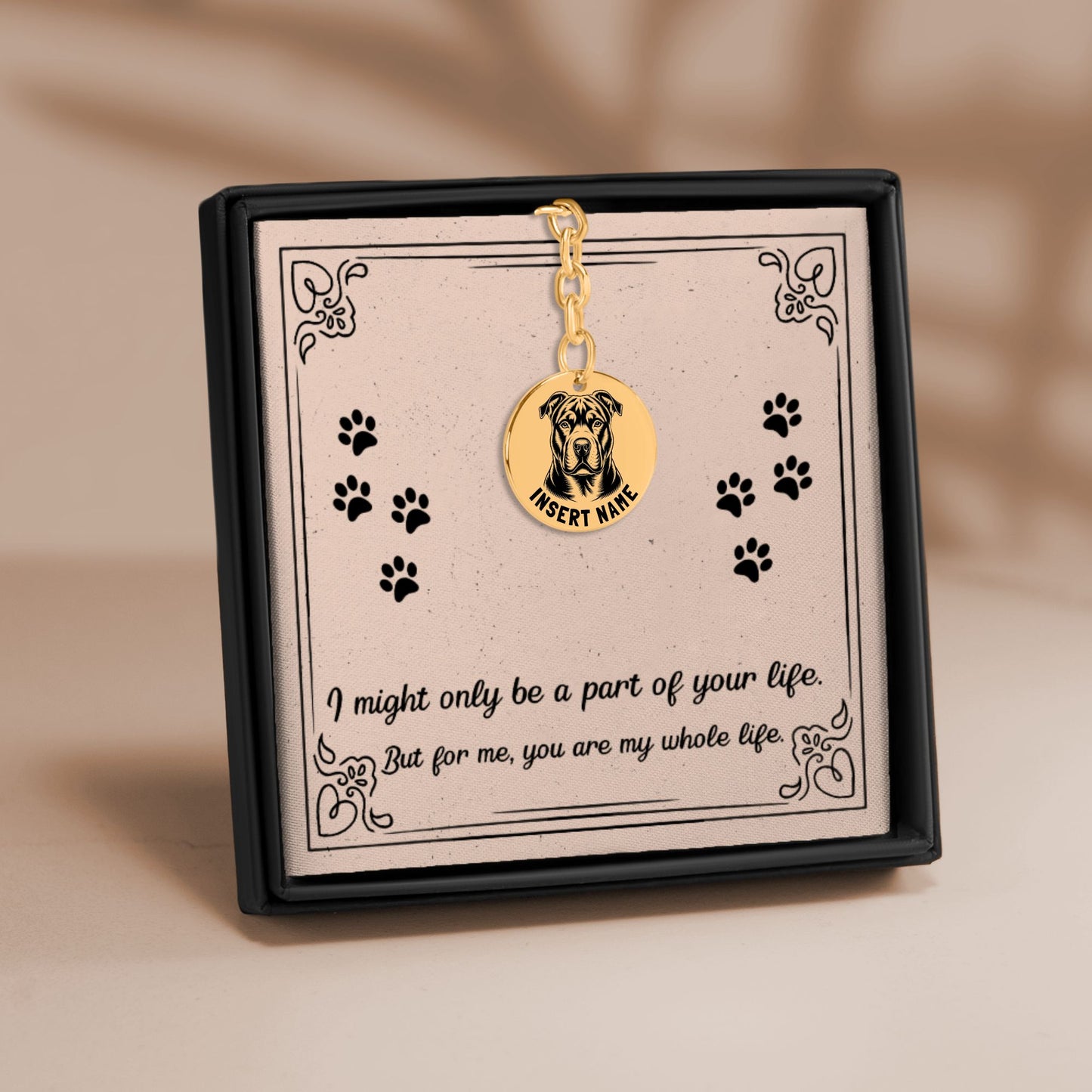 Personalized engraved Pit Bull Terrier gold keychain in a jewelry box with a loving message card 1.