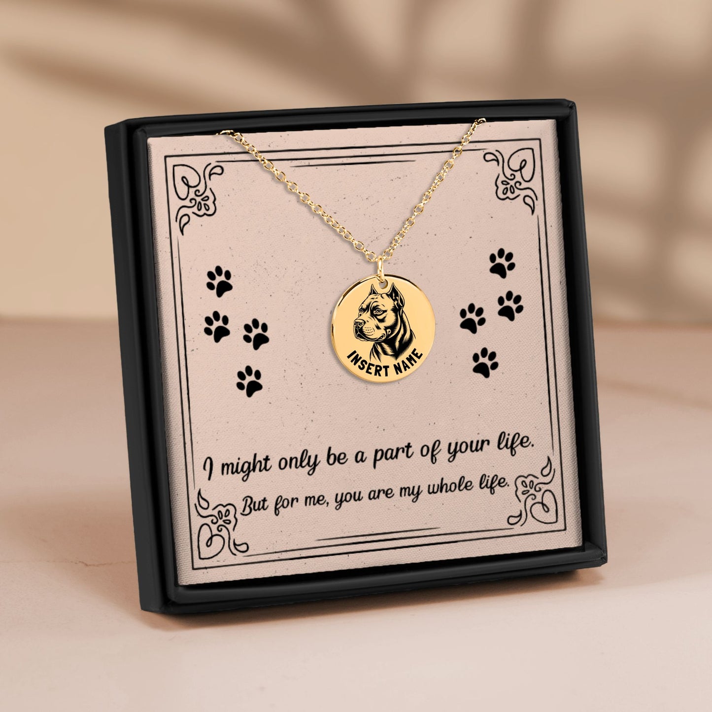 Personalized engraved Pit Bull Terrier gold necklace in a jewelry box with a loving message card.