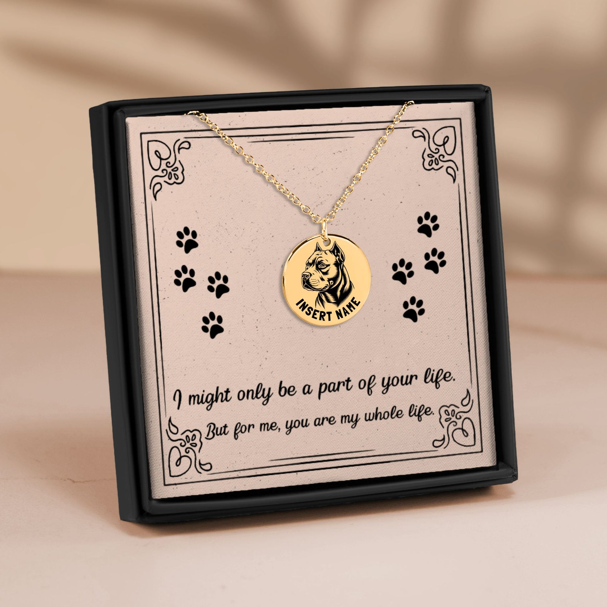 Personalized engraved Pit Bull Terrier gold necklace in a jewelry box with a loving message card.