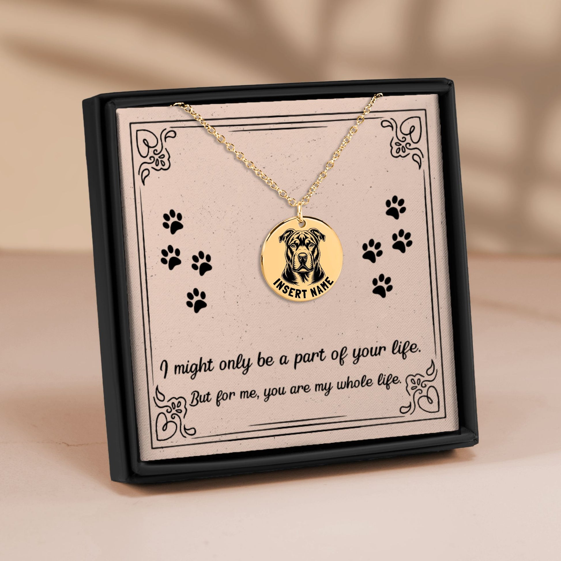 Personalized engraved Pit Bull Terrier gold necklace in a jewelry box with a loving message card 1.