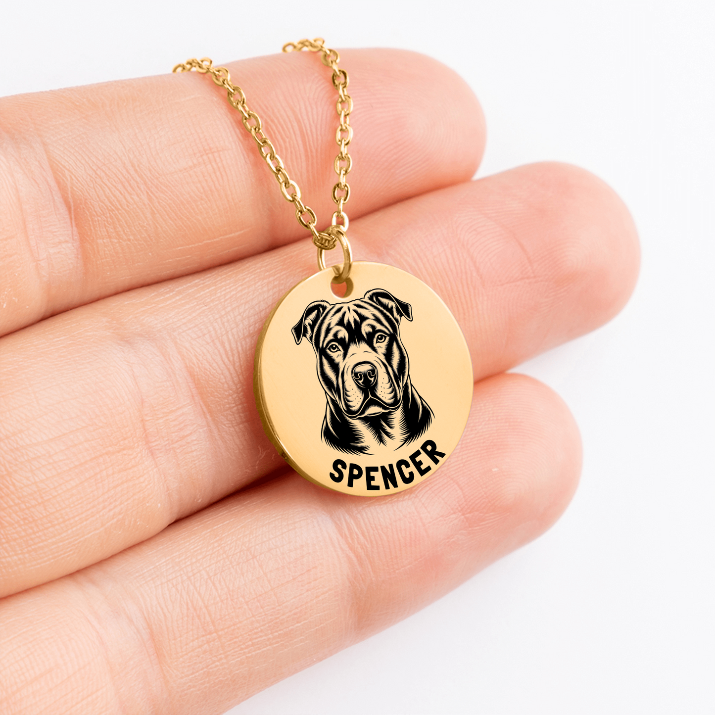 Personalized engraved Pit Bull Terrier gold necklace in a jewelry box with a sweet message card.