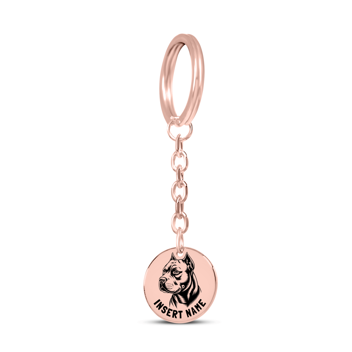 Personalized engraved Pit Bull Terrier rose gold keychain in a jewelry box with a loving message card..