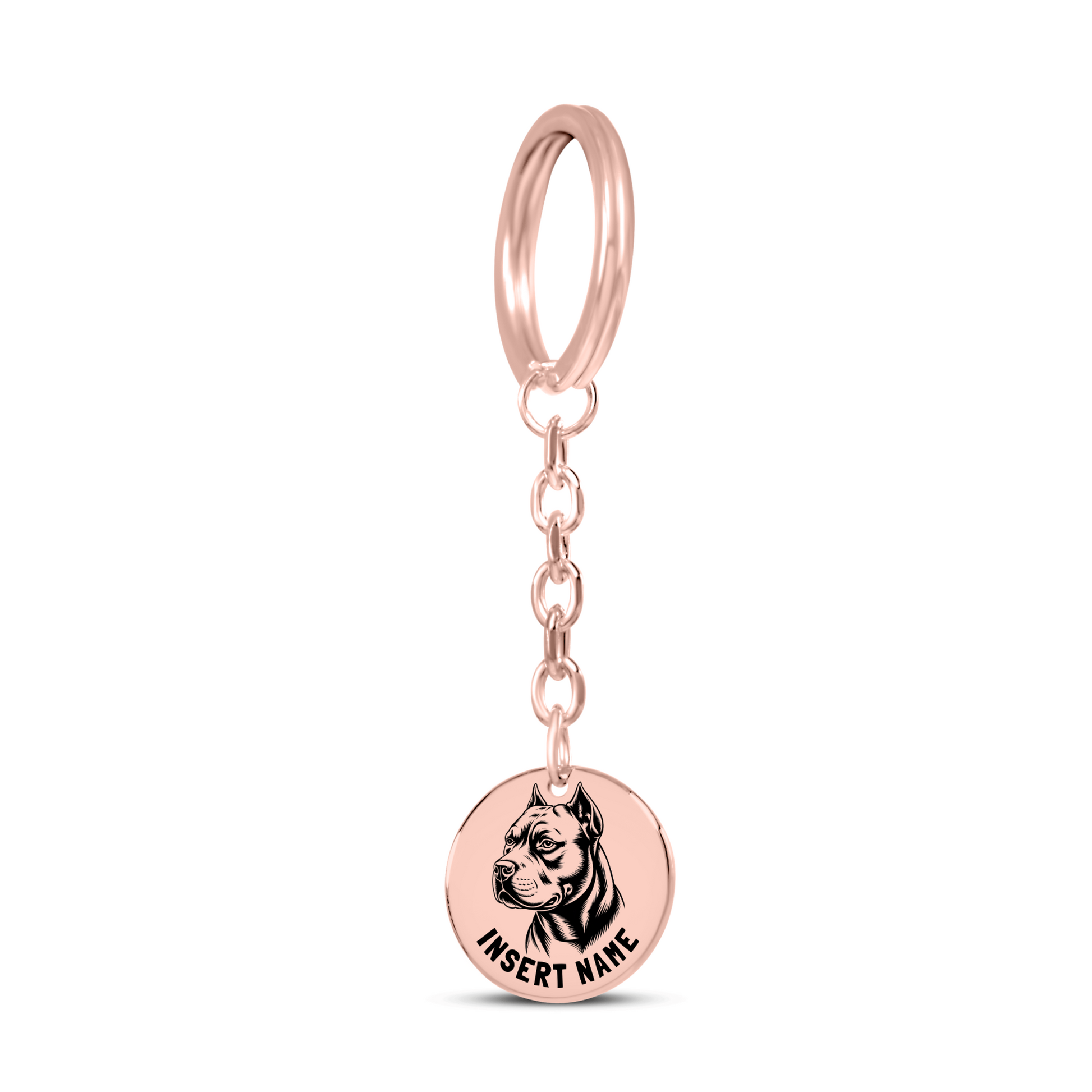Personalized engraved Pit Bull Terrier rose gold keychain in a jewelry box with a loving message card..