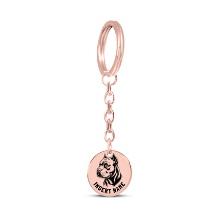 Personalized engraved Pit Bull Terrier rose gold keychain in a jewelry box with a loving message card..