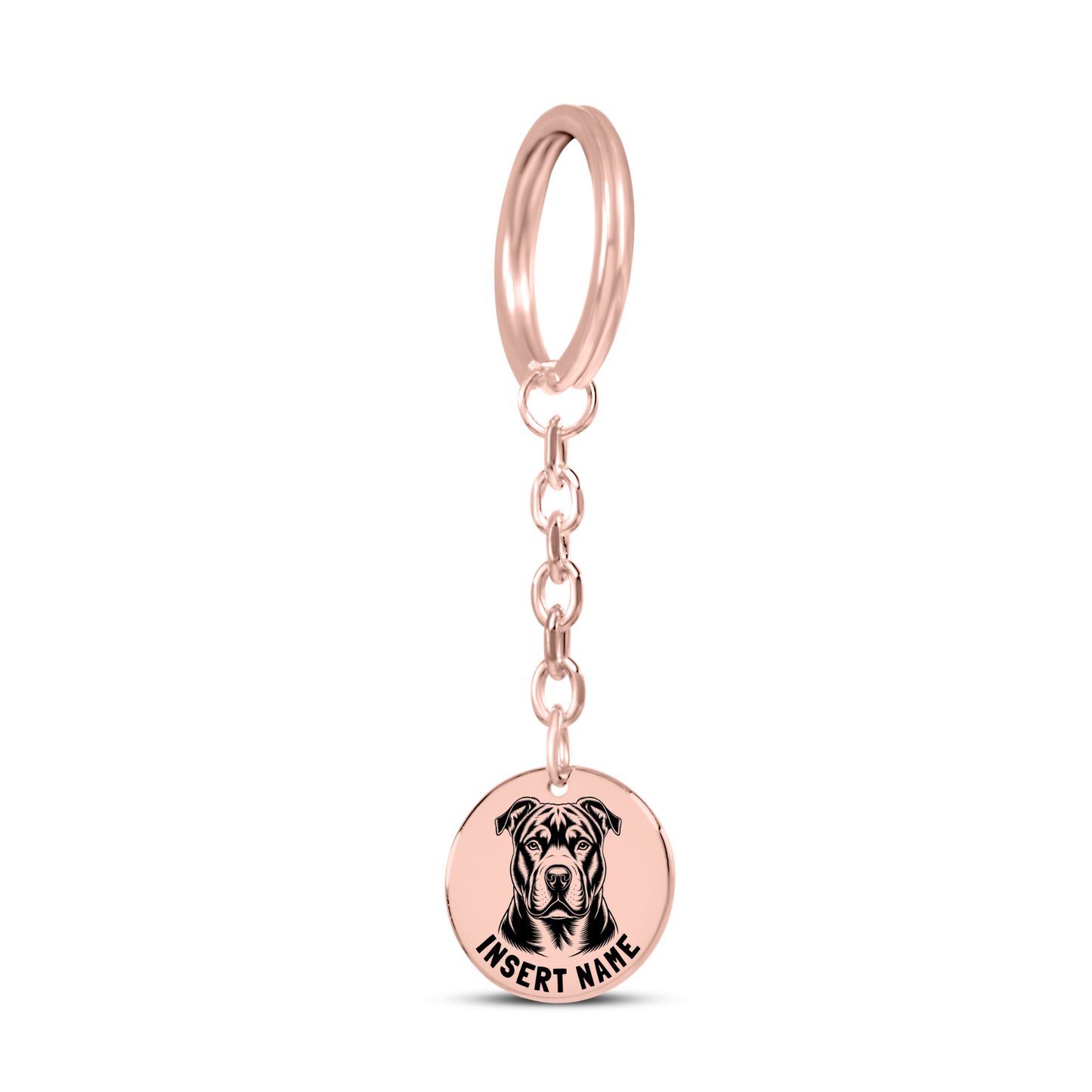 Personalized engraved Pit Bull Terrier rose gold keychain in a jewelry box with a loving message card 1..