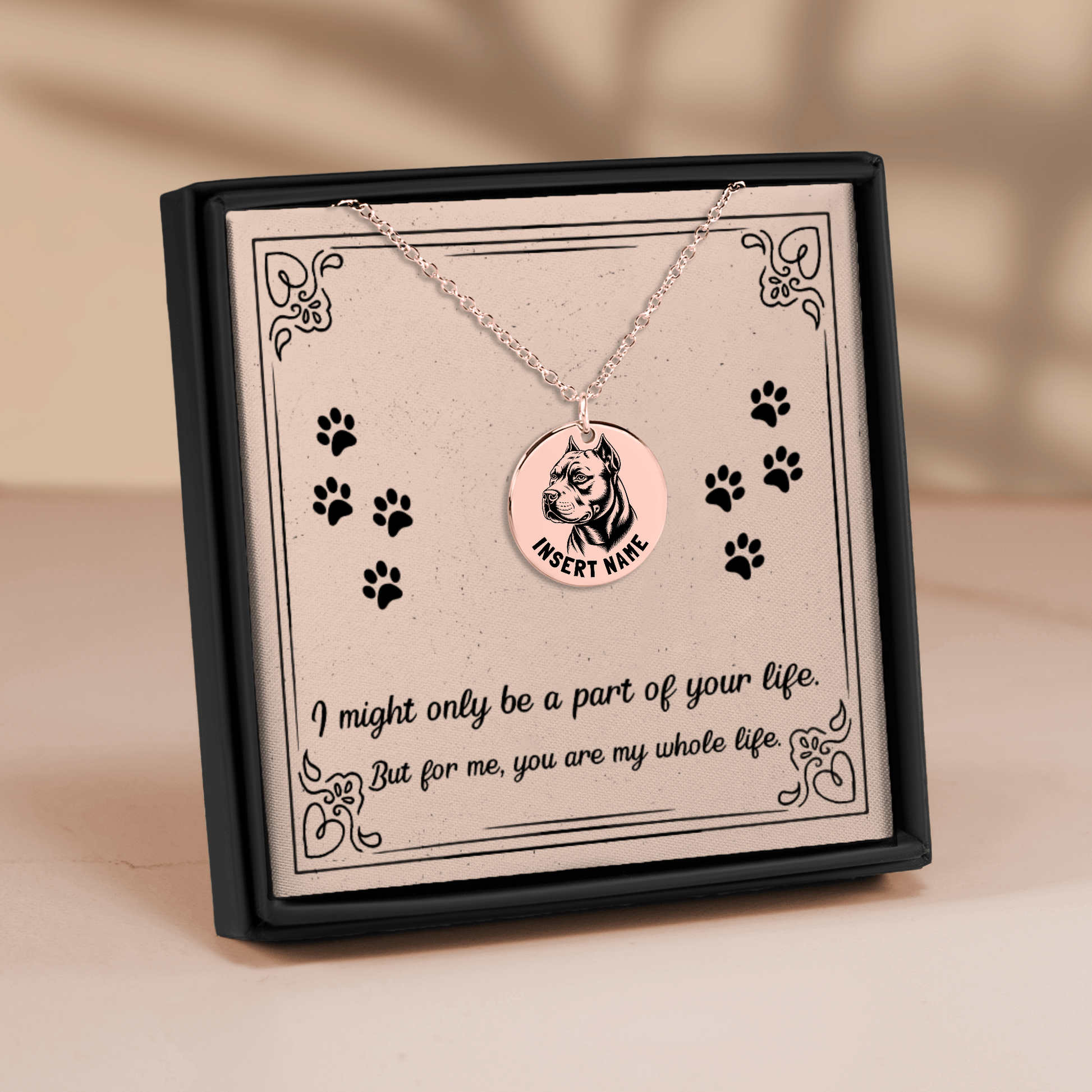 Personalized engraved Pit Bull Terrier rose gold necklace in a jewelry box with a loving message card.
