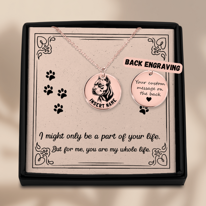 Personalized engraved Pit Bull Terrier rose gold necklace in a jewelry box with a loving message card