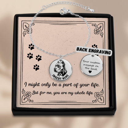 Personalized engraved Pit Bull Terrier silver bracelet in a jewelry box with a loving message card