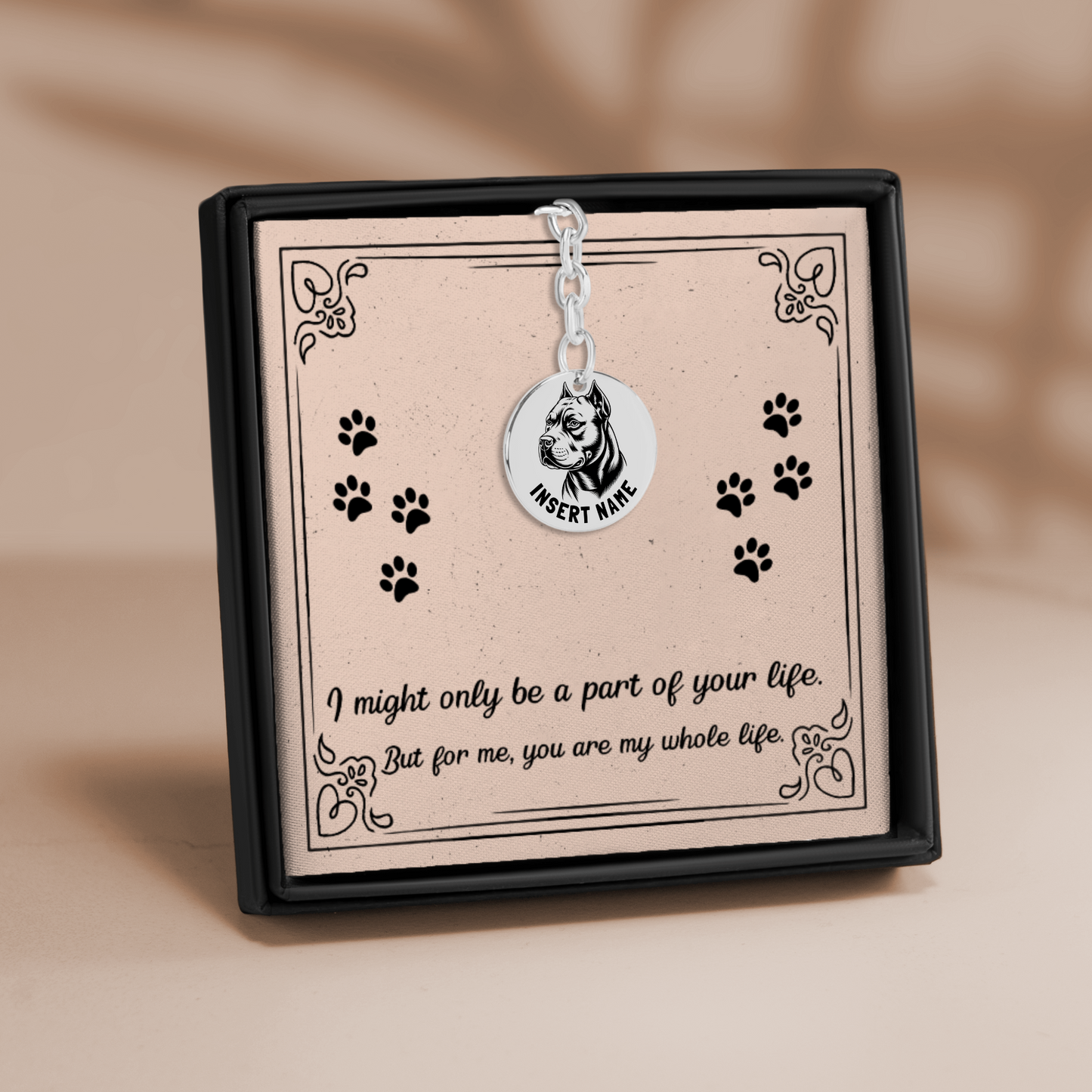 Personalized engraved Pit Bull Terrier silver keychain in a jewelry box with a loving message card..