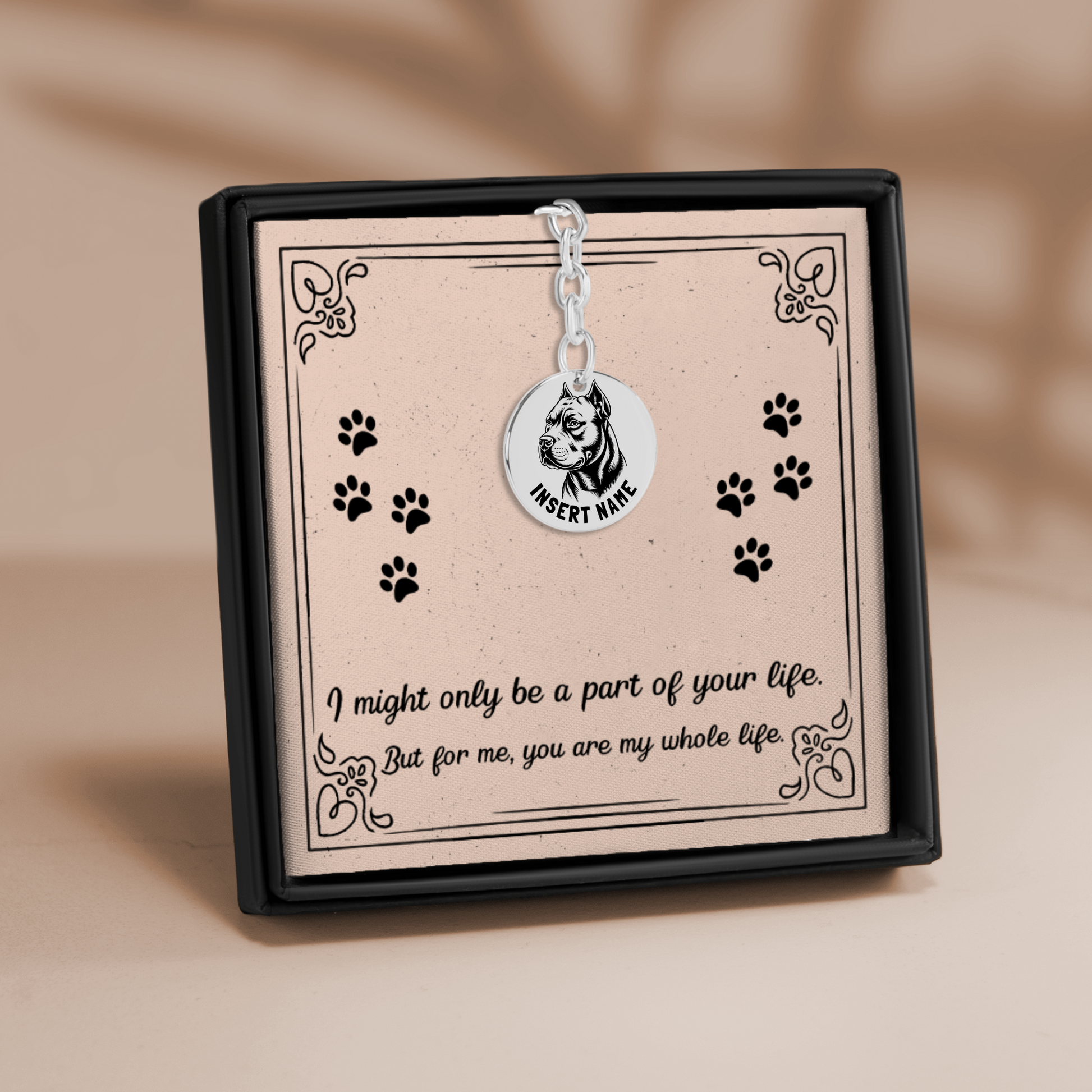 Personalized engraved Pit Bull Terrier silver keychain in a jewelry box with a loving message card..