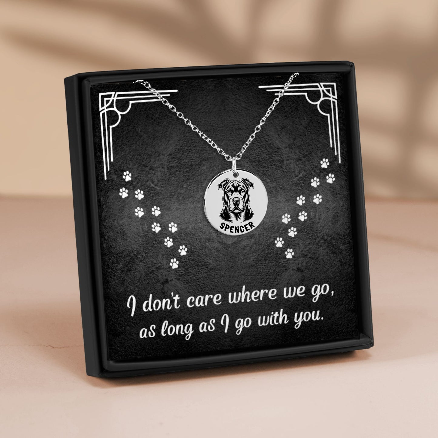 Personalized engraved Pit Bull Terrier silver necklace in a jewelry box with a sweet message card..