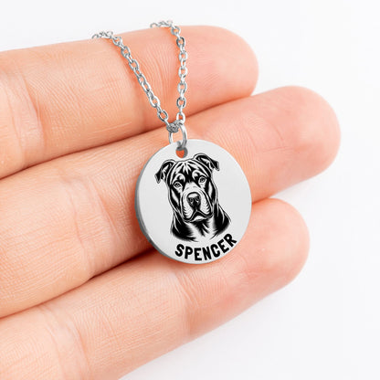 Personalized engraved Pit Bull Terrier silver necklace in a jewelry box with a sweet message card.
