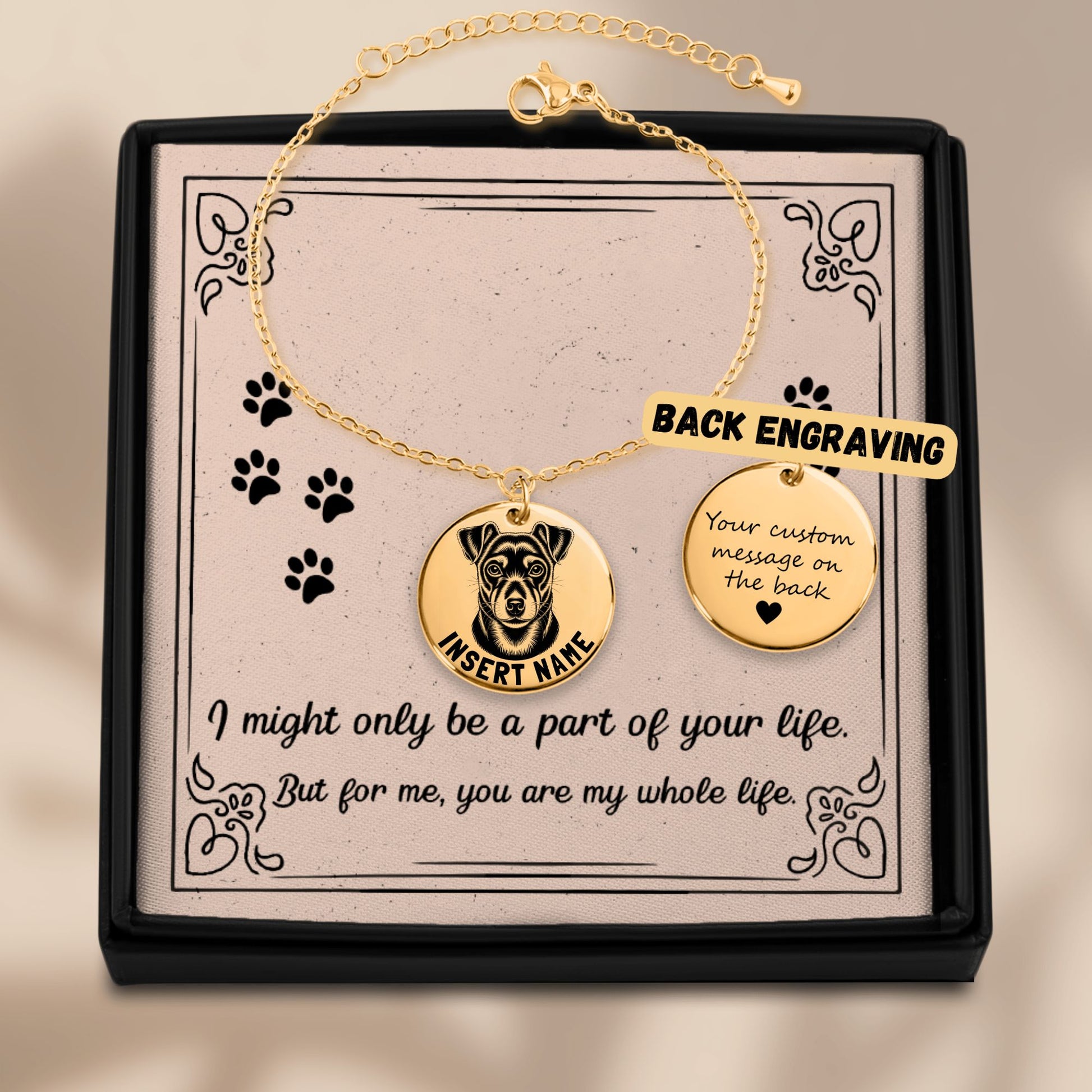 Personalized engraved Rat Terrier dog Gold bracelet in a jewelry box with a loving message card
