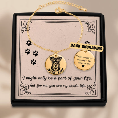 Personalized engraved Rat Terrier dog Gold bracelet in a jewelry box with a loving message card