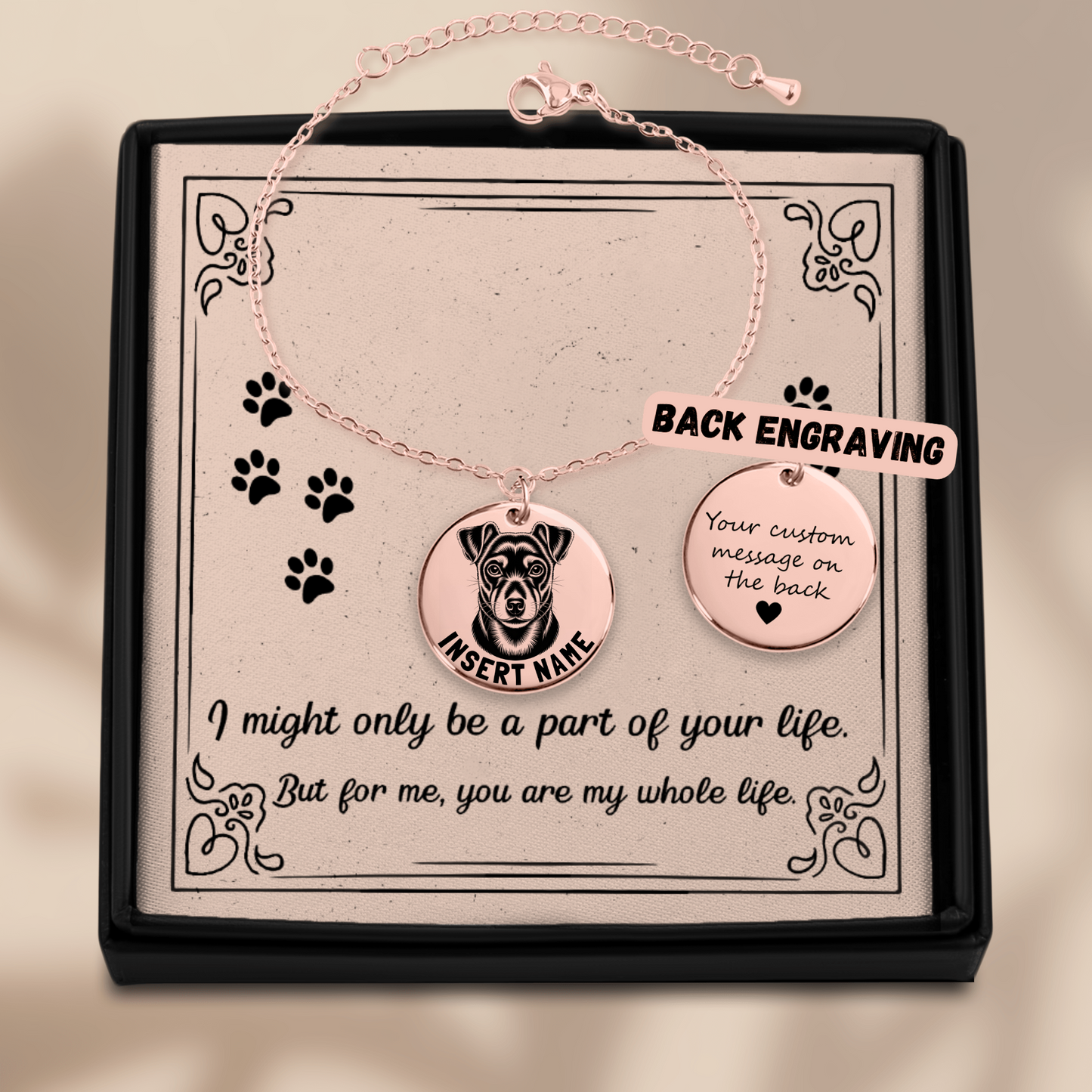 Personalized engraved Rat Terrier dog Rose Gold bracelet in a jewelry box with a loving message card