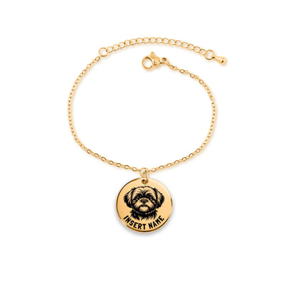 Personalized engraved Shih Tsu gold bracelet in a jewelry box with a loving message card.