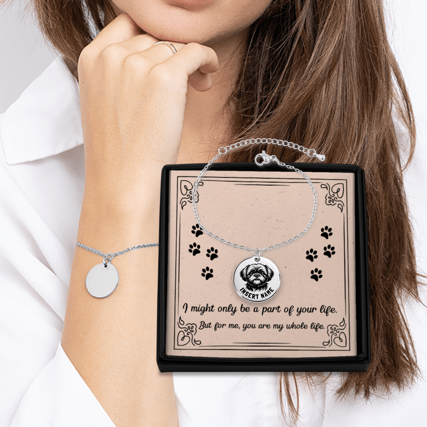 Personalized engraved Shih Tsu silver bracelet in a jewelry box with a loving message card....