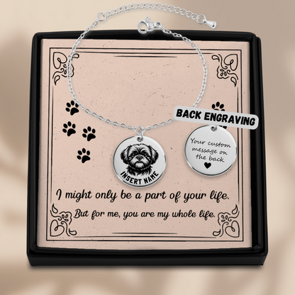 Personalized engraved Shih Tsu silver bracelet in a jewelry box with a loving message card.