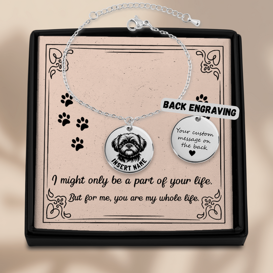 Personalized engraved Shih Tsu silver bracelet in a jewelry box with a loving message card.