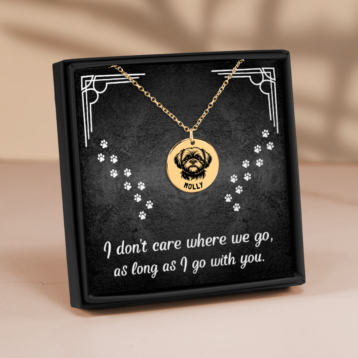 Personalized engraved Shih Tzu gold necklace in a jewelry box with a sweet message card..