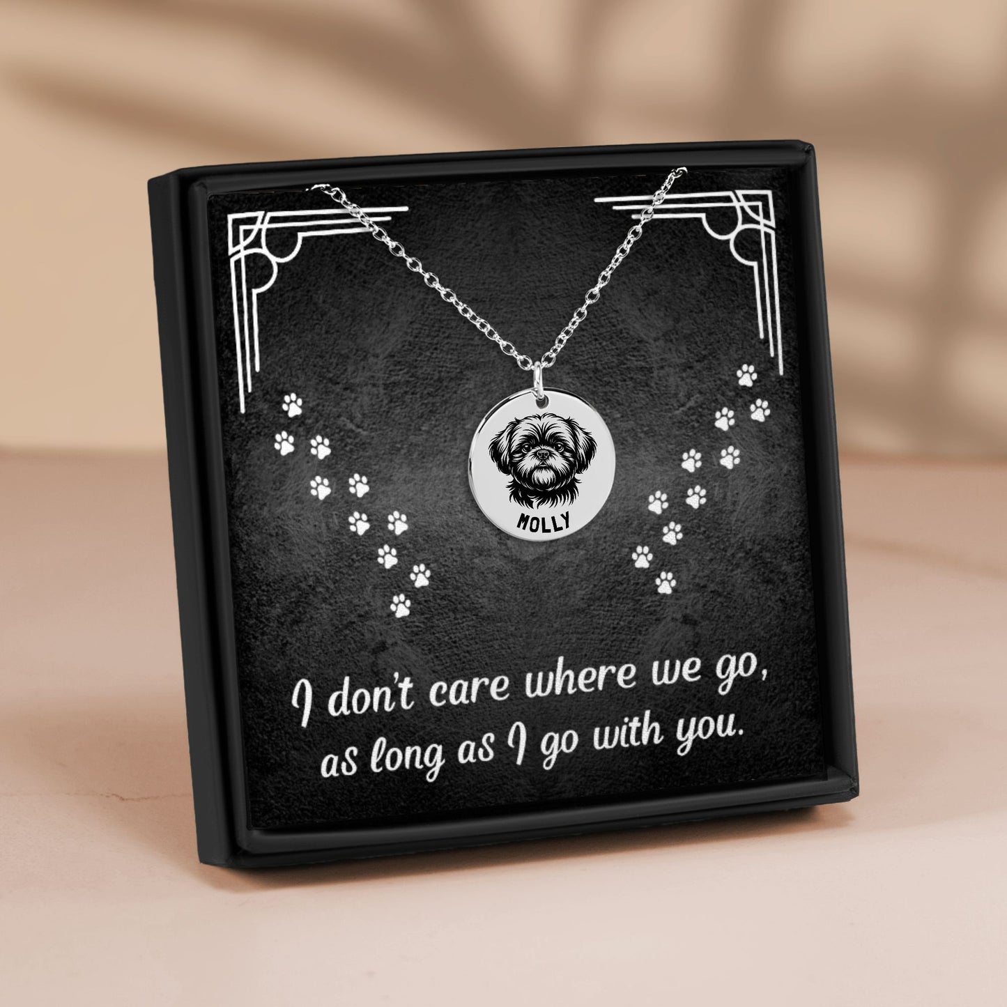 Personalized engraved Shih Tzu silver necklace in a jewelry box with a sweet message card.