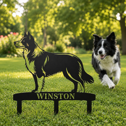 Personalized Border Collie Garden Metal Sign With Stakes. Custom Dog Lover Name Gift