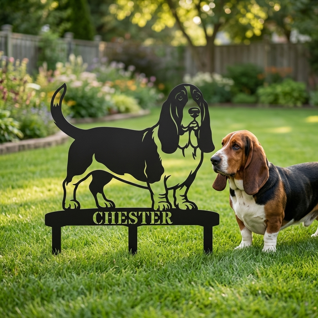 Personalized Basset Hound Garden Metal Sign With Stakes. Custom Dog Plaque Name Gift