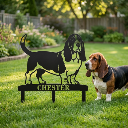 Personalized Basset Hound Garden Metal Sign With Stakes. Custom Dog Plaque Name Gift
