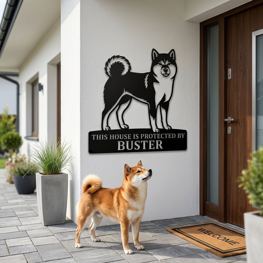 Personalized Shiba Inu Guard Metal Sign. Custom Dog Protect Name Wall Decor