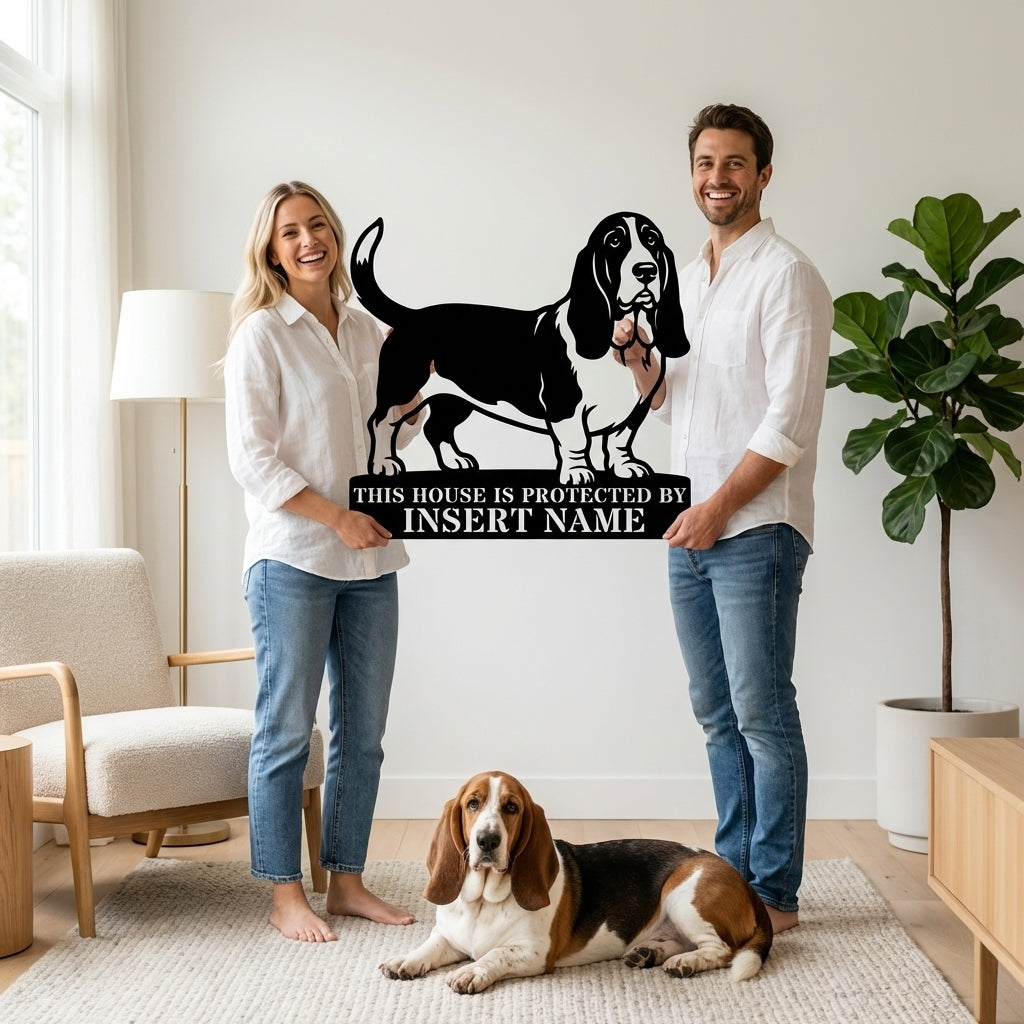 Personalized Basset Hound Guard Metal Sign. Custom Dog Name Wall Decor