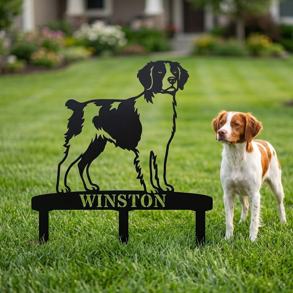 Personalized Brittany Dog Garden Metal Sign With Stakes. Custom Dog Lover Name Gift