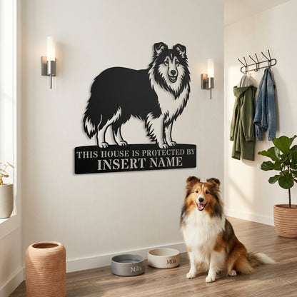 Personalized Shetland Sheepdog Guard Metal Sign. Custom Dog Protect Name Wall Decor