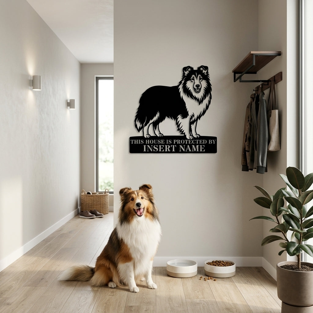 Personalized Shetland Sheepdog Guard Metal Sign. Custom Dog Protect Name Wall Decor