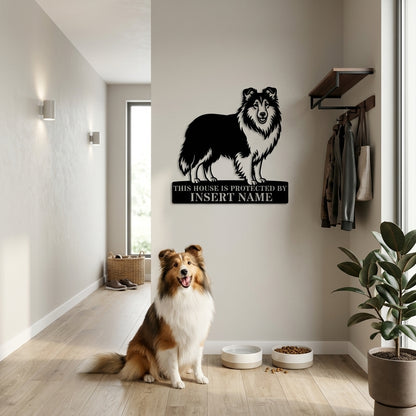 Personalized Shetland Sheepdog Guard Metal Sign. Custom Dog Protect Name Wall Decor