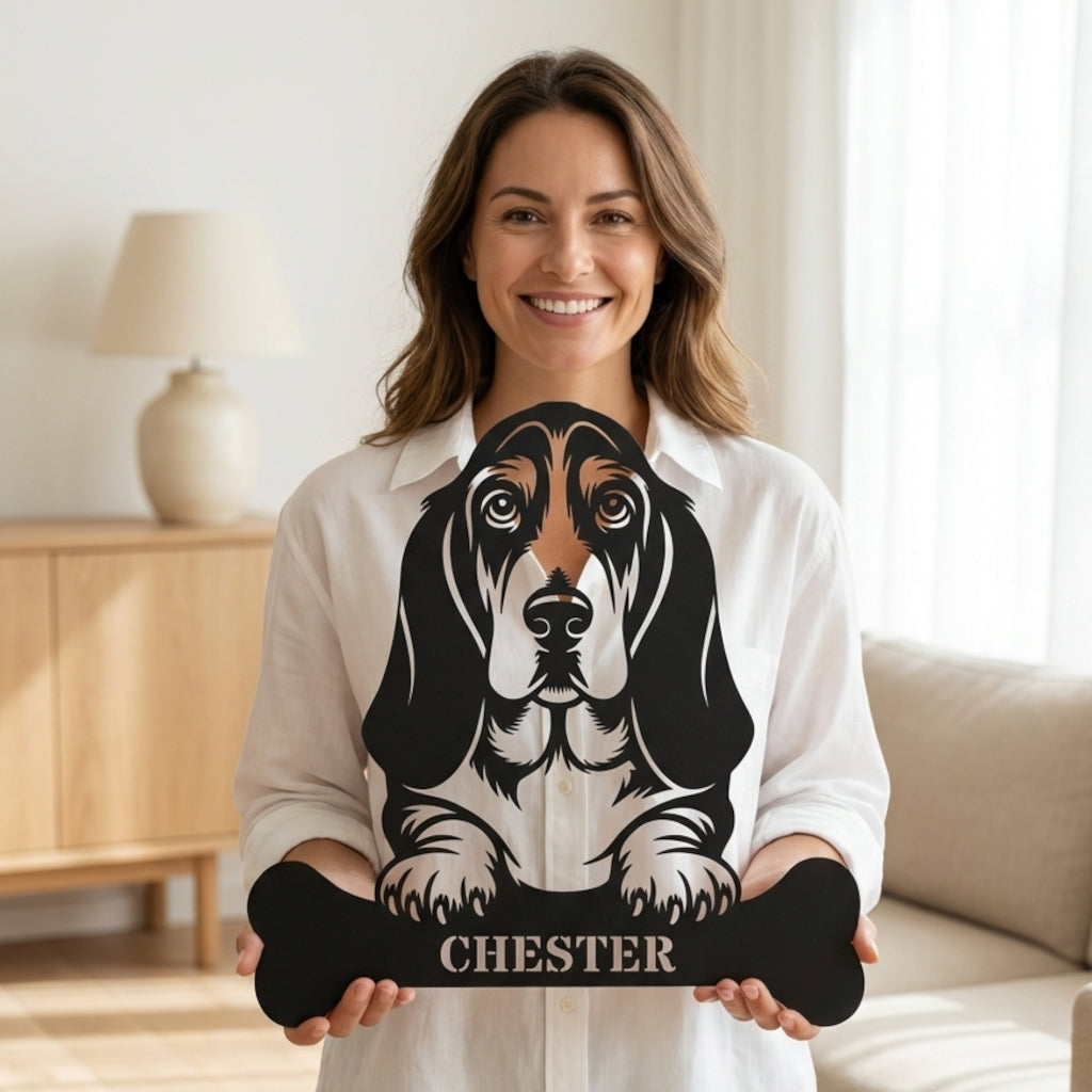 Personalized Basset Hound With Bone Metal Sign. Funny Peek-a-boo dog Wall Decor