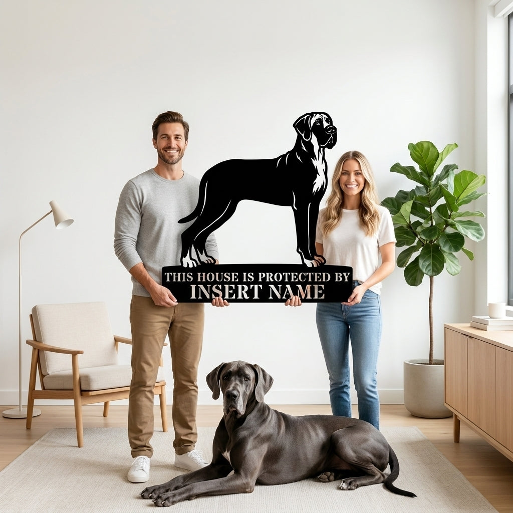 Personalized Granddanois Dog Guard Metal Sign. Custom Dog Name Wall Decor