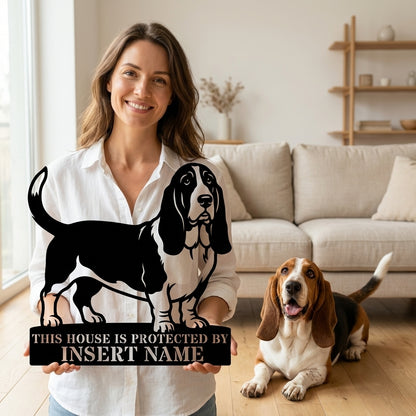 Personalized Basset Hound Guard Metal Sign. Custom Dog Name Wall Decor