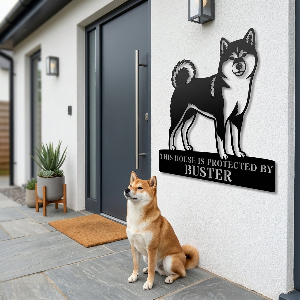 Personalized Shiba Inu Guard Metal Sign. Custom Dog Protect Name Wall Decor