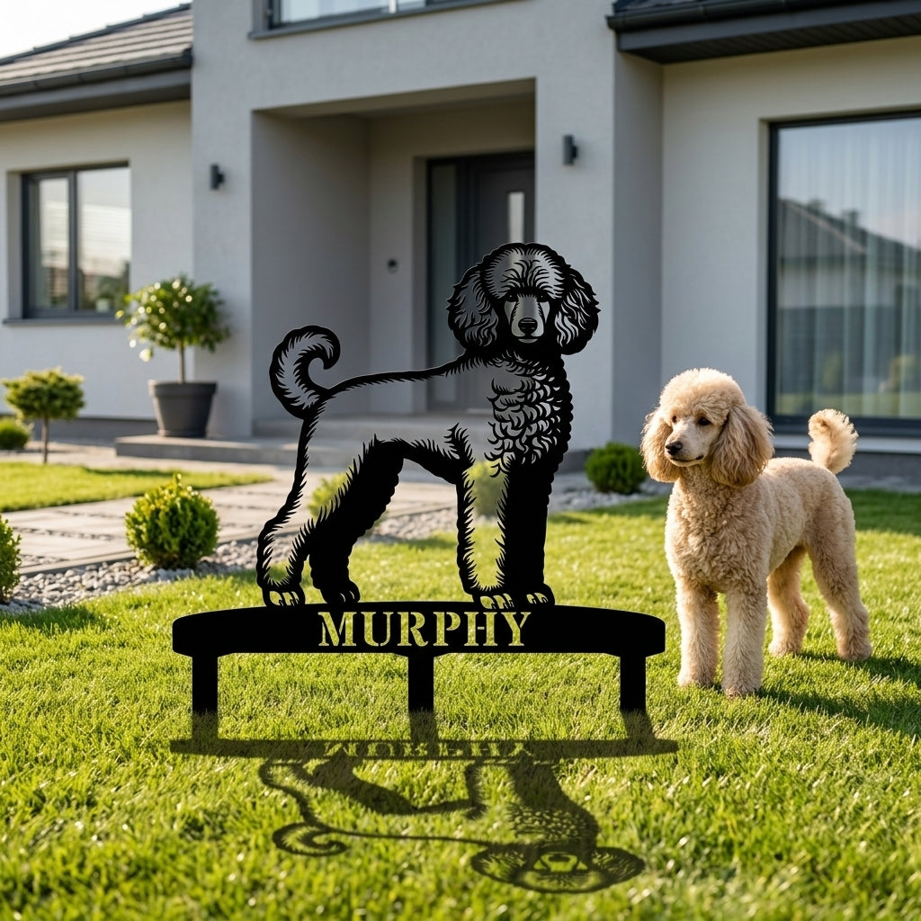 Personalized Poodle Garden Metal Sign With Stakes. Custom Dog Plaque Name Gift