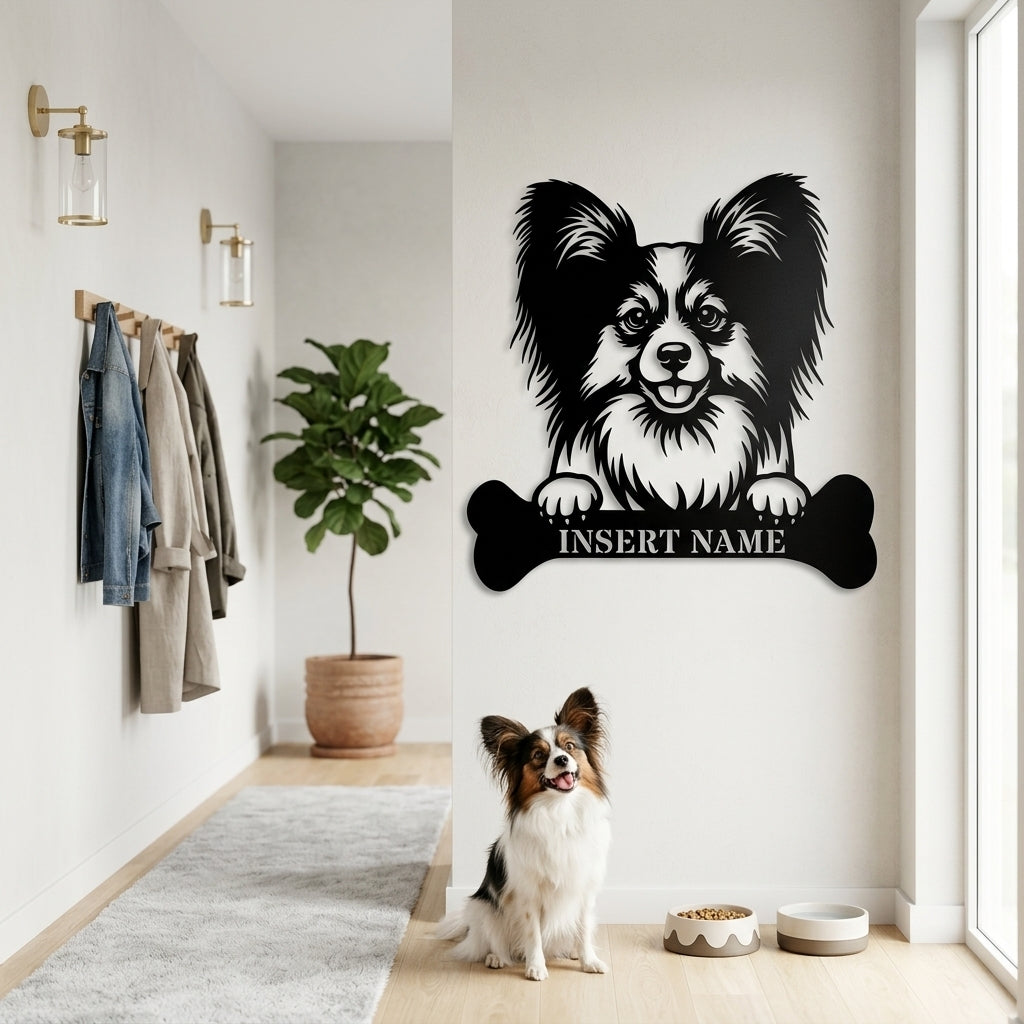 Personalized Papillon With Bone Name Metal Sign. Funny Custom Dog Wall Decor Gift