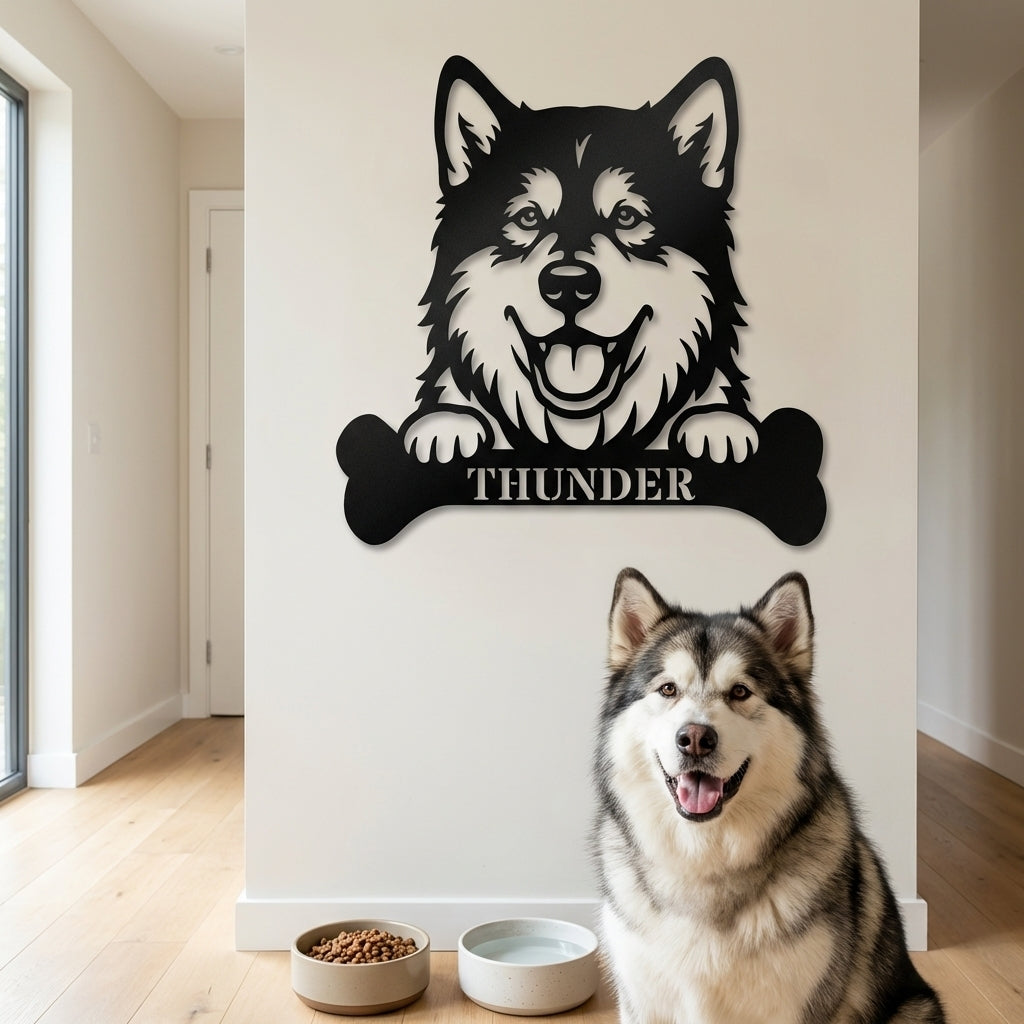 Personalized Alaskan Malamute With Bone Name Metal Sign