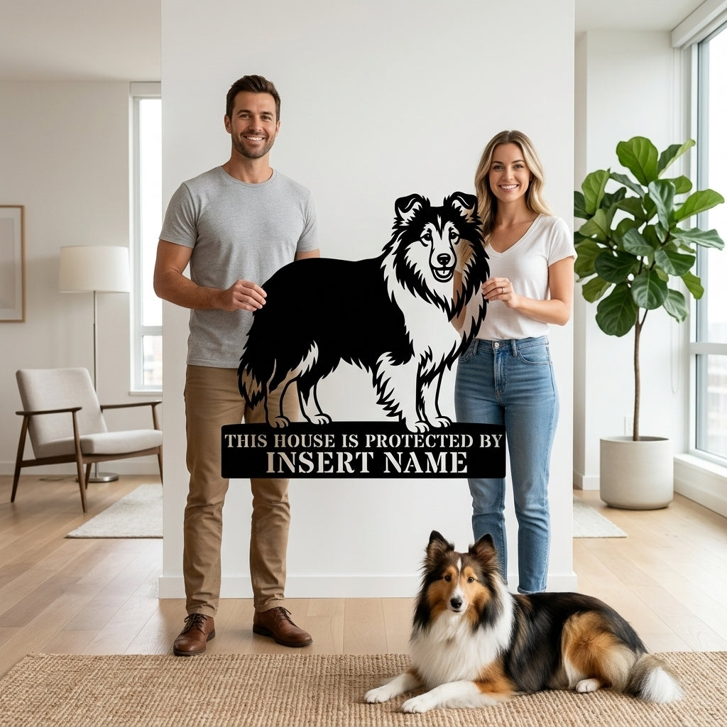 Personalized Shetland Sheepdog Guard Metal Sign. Custom Dog Protect Name Wall Decor