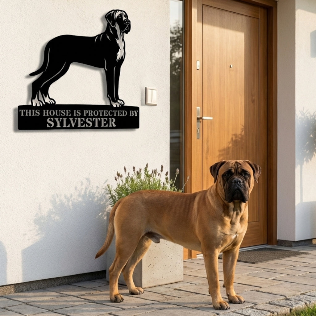 Personalized Bullmastiff Dog Guard Metal Sign. Custom Dog Name Wall Decor