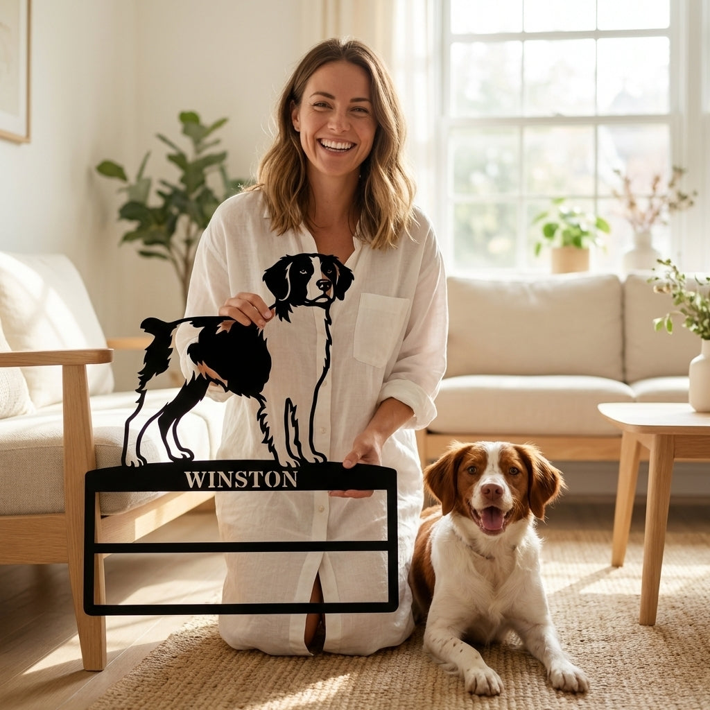 Personalized Brittany Dog Rosette Name Metal Sign Champion Display